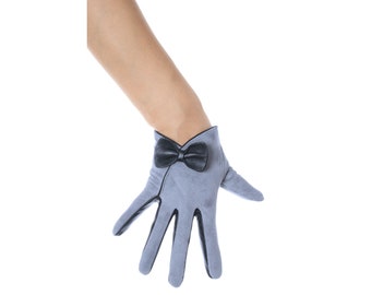 Grey Suede Bow Leather Gloves