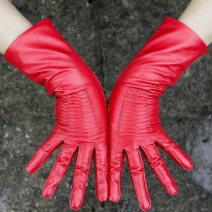 Red Mid Length Leather Gloves