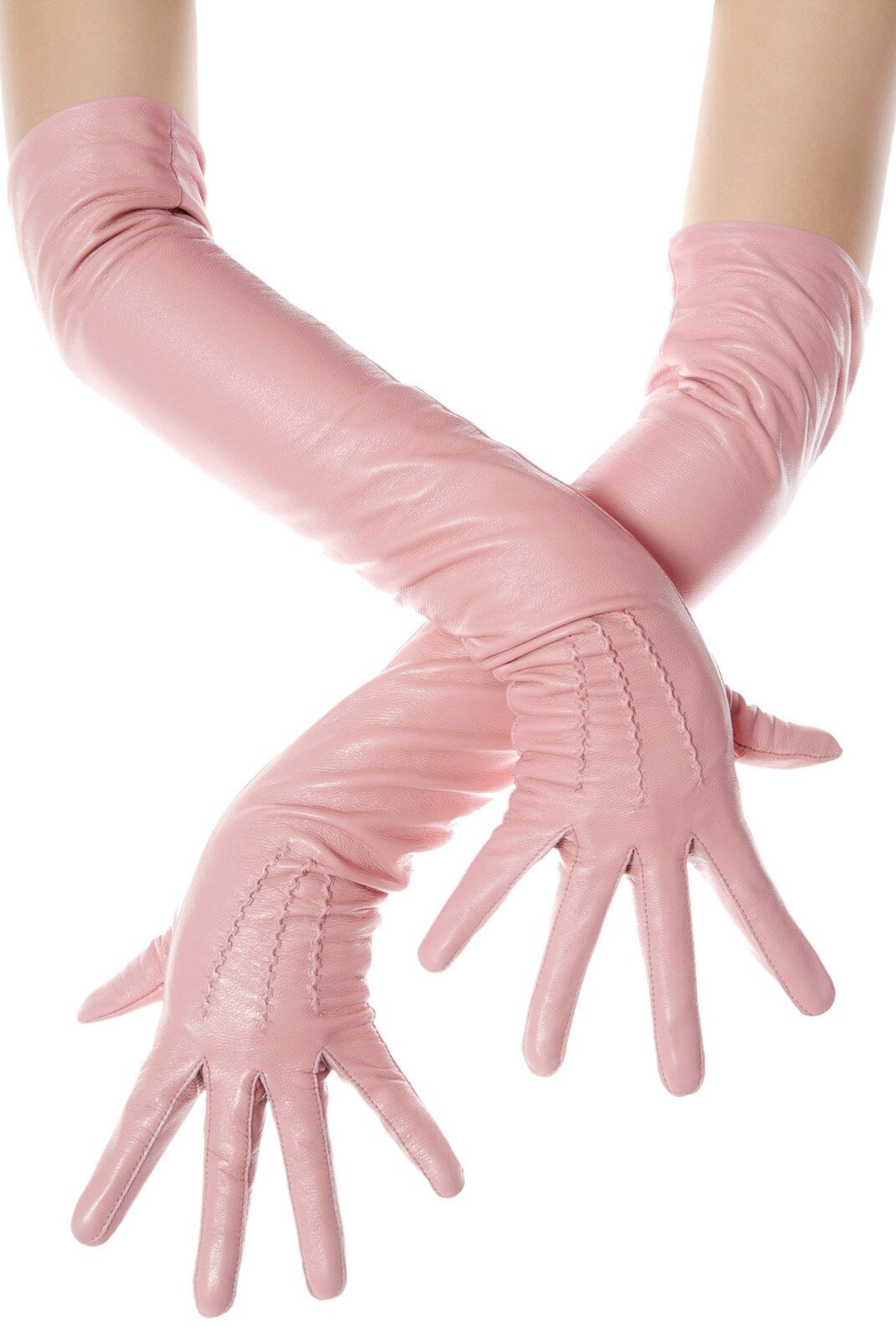 Long Sugar Pink Leather Opera Gloves Vintage Pattern Button Etsy