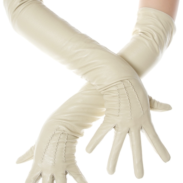 Long Beige Leather Opera Gloves Vintage Pattern Button Wrist