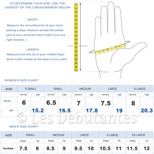 May include: A size chart graphic featuring a line drawing of a hand with a yellow measuring tape. It includes instructions for measuring hand width and length, along with two tables providing size conversions in inches for women and men.