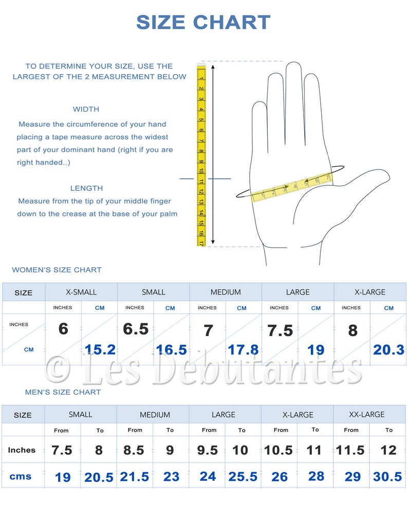 May include: A size chart graphic featuring a line drawing of a hand with a yellow measuring tape. It includes instructions for measuring hand width and length, along with two tables providing size conversions in inches for women and men.