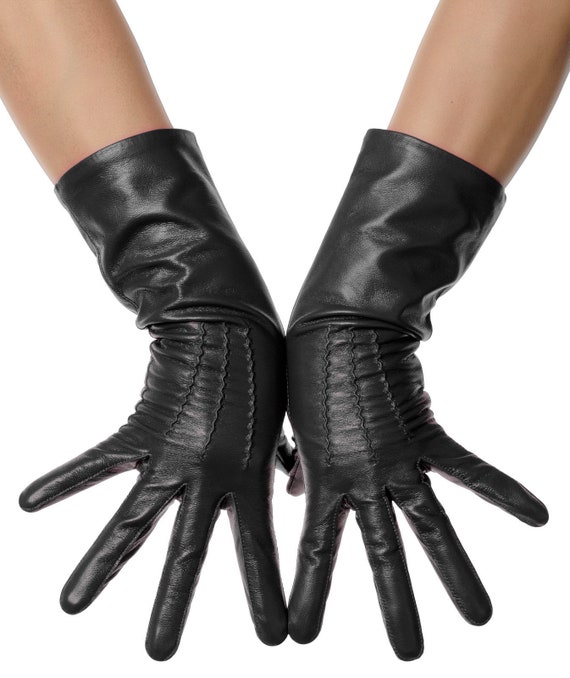 Black Mid Length Leather Gloves Etsy