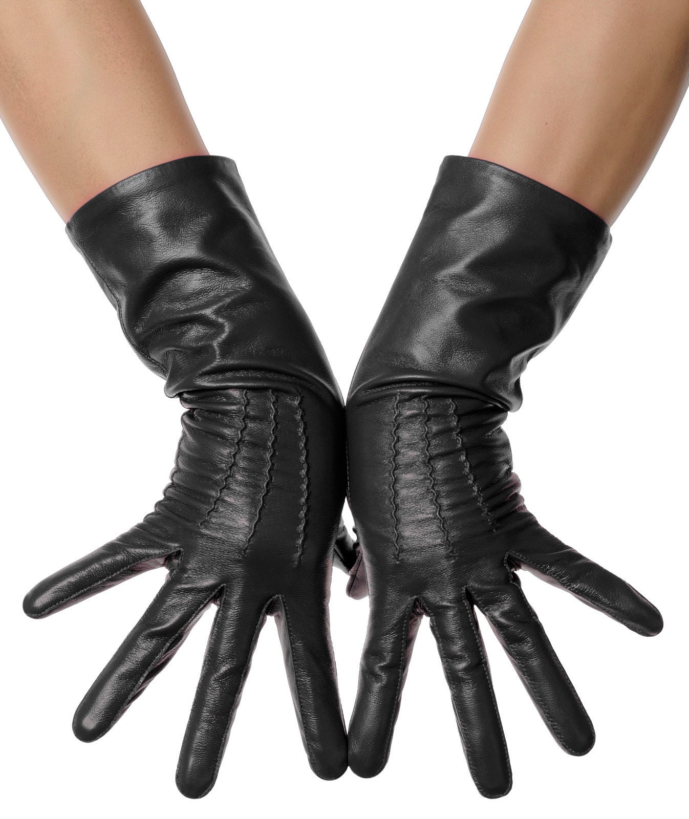 Black Mid Length Leather Gloves Etsy