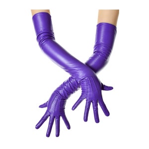 Long Purple Leather Opera Gloves Vintage Pattern Button Wrist
