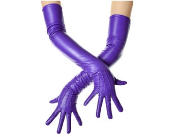 Long Purple Leather Opera Gloves Vintage Pattern Button Wrist