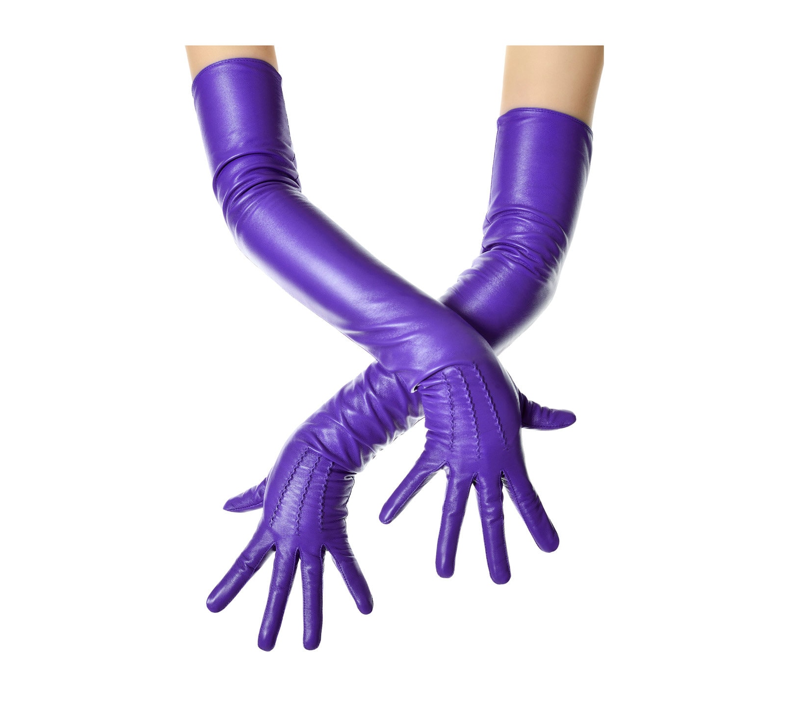 Long Purple Leather Opera Gloves Vintage Pattern Button Wrist