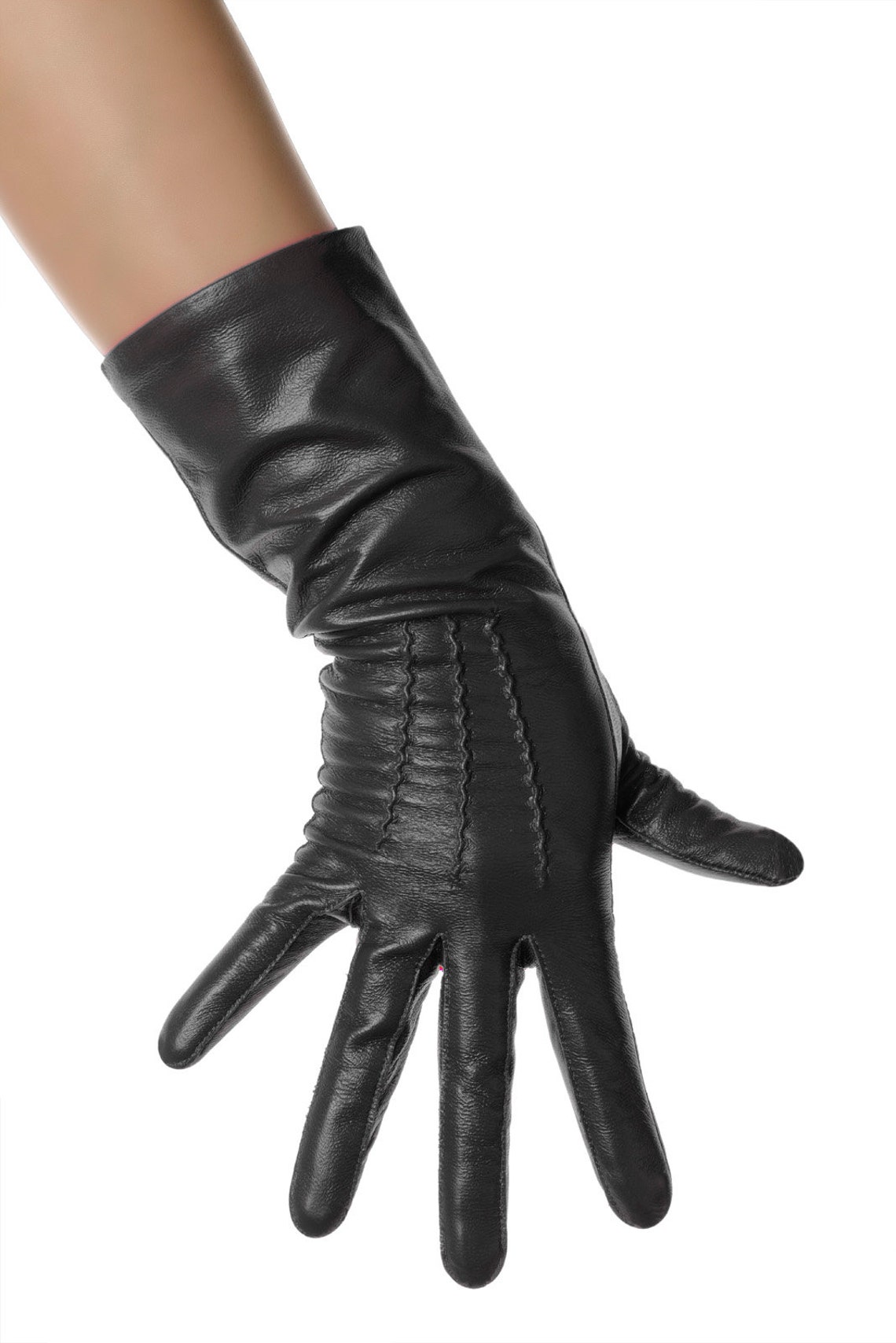 Black Mid Length Leather Gloves Etsy