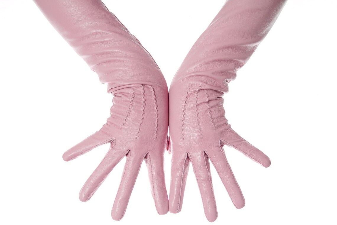 Long Sugar Pink Leather Opera Gloves Vintage Pattern Button Etsy