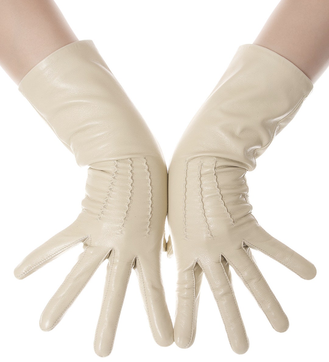 Beige Mid Length Leather Gloves Etsy