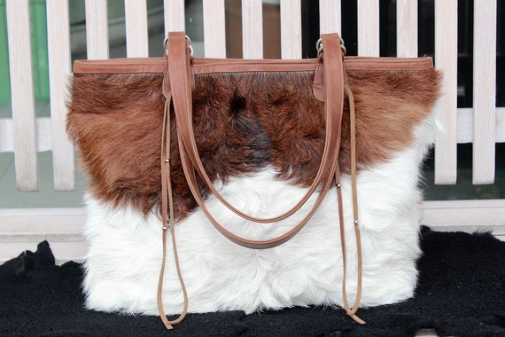 COWHIDE LEATHER BAG in Brown White Hide Hair Large Leather Tote