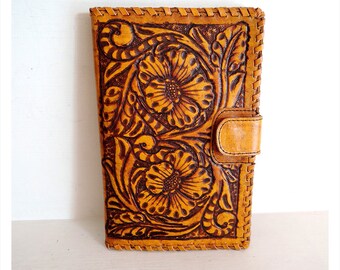Handcarved Leather Clutch Wallet: Tooled Floral, Vegetable Tanned