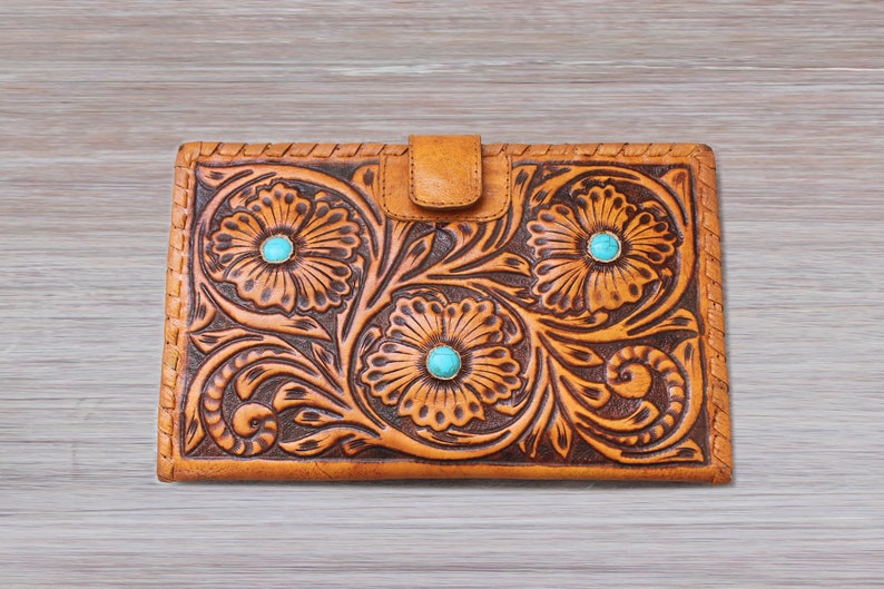 TOOLED LEATHER WALLET in Hand Crafted Hibiscus w/ Turquoise image 0