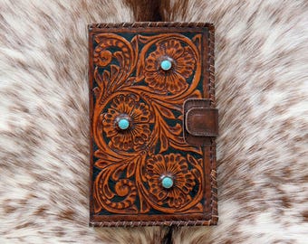 TOOLED LEATHER WALLET in Hand Crafted Hibiscus Turquoise Stones Clutch Multiple Card Slots Passport Wallet Magnet Closure