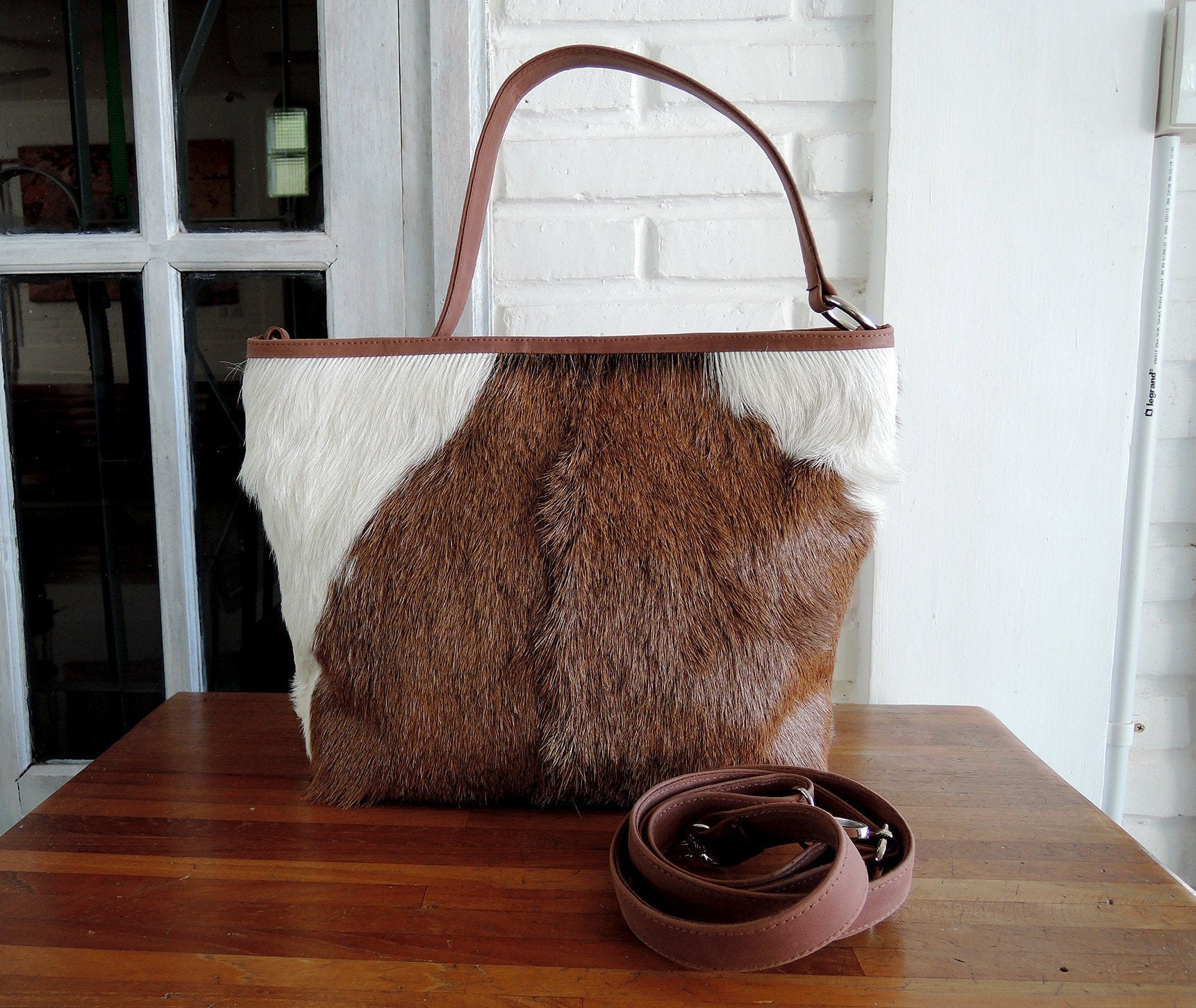 COWHIDE LEATHER HANDBAGS in Brown White Tote Designer Shoulder Etsy UK
