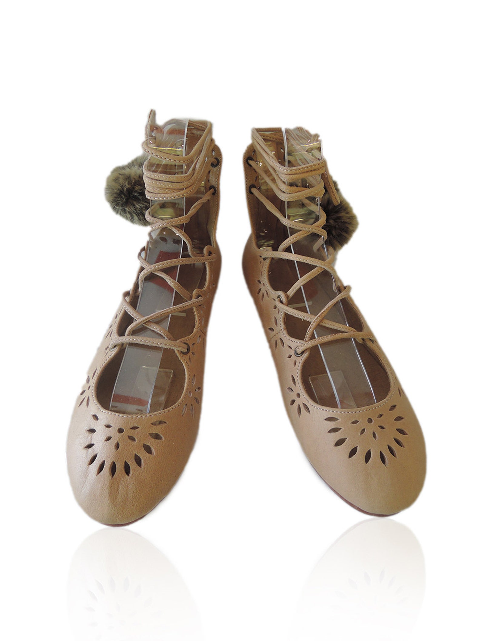 kathy ballet shoes with pom poms. tan leather sandals for women. ballet flats w/ ribbon lace up straps. hand tooled cut work. 10