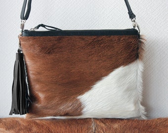 Bolso bandolera de piel de vaca marrón y blanca, bolso bandolera hecho a mano con pelo.