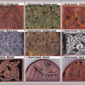 May include: Nine leather samples with various hand-tooled designs. The samples are in different colours, including tan, green, camel, black, gold, white, blonde, peach, and dark brown.