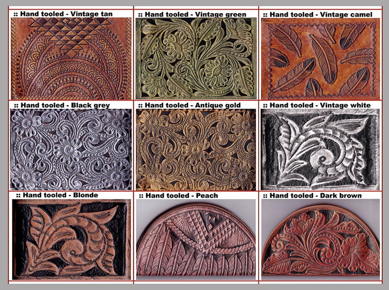 May include: Nine leather samples with various hand-tooled designs. The samples are in different colours, including tan, green, camel, black, gold, white, blonde, peach, and dark brown.