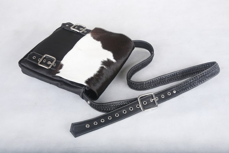 BLACK COWHIDE BAG Leather Satchel Calf Hair Bag Messenger Bag Crossbody Tote w Flap Unisex Shoulder Bag in Black White Cowfur Country.