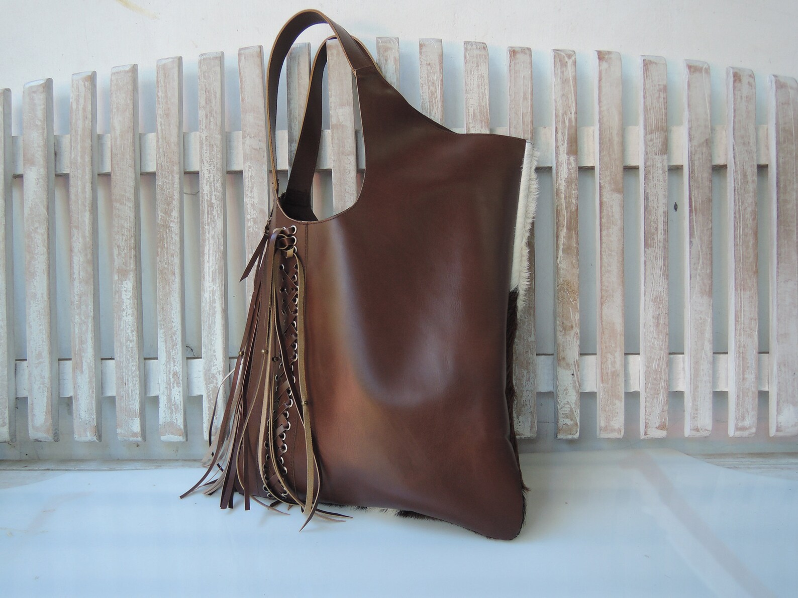 LAGRE WOODY TOTE BAG 48 IN NATURAL FIBERS BLACK WEBBING LOGO EMBROIDER BROWN CALFSKIN