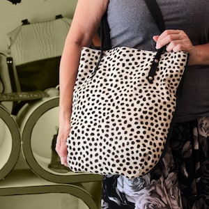 LEOPARD PRINT BAG, Hair on Hide, Polka Dots, Black and White, CowHide Leather Tote, Cowhide Bag, Animal Print, Weekender Bag, Cowhide Purse