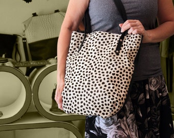 Leopard Print Cowhide Leather Tote Bag, Handmade Weekender