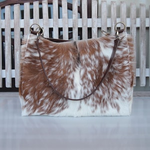 LEATHER TOTE BAG Personalized in Brown White Hide Hair Work Bag, Document Holder Lap Top Bag  Travel Bag Shoulder Bag With Zipper Selena Bag