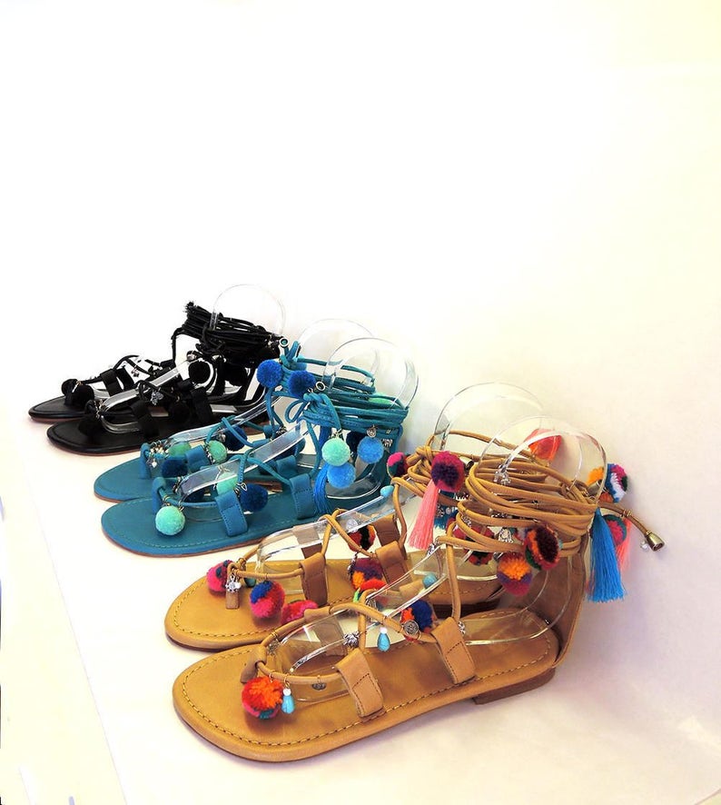 POMPOM SANDALS in TEAL Blue & Mint / Lace Up Sandals For Women image 0