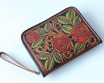 TOOLED LEATHER WALLET Roses Hand Painted Leather Purse Beautifully Hand Carved Clutch Leather Billfold Wallet Vegetable Tanned Wallet