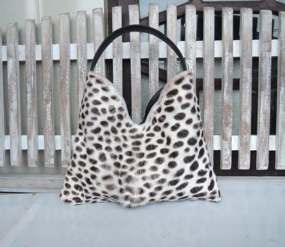 Leopard Print Fur Hobo Bag: Cow Hide Leather, Handmade