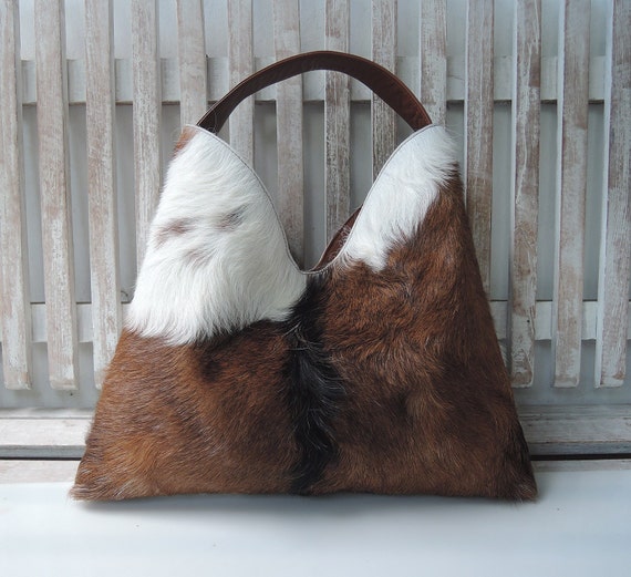 FUR ON LEATHER Shoulder Bag Cow Hide Western Leather Bag Black