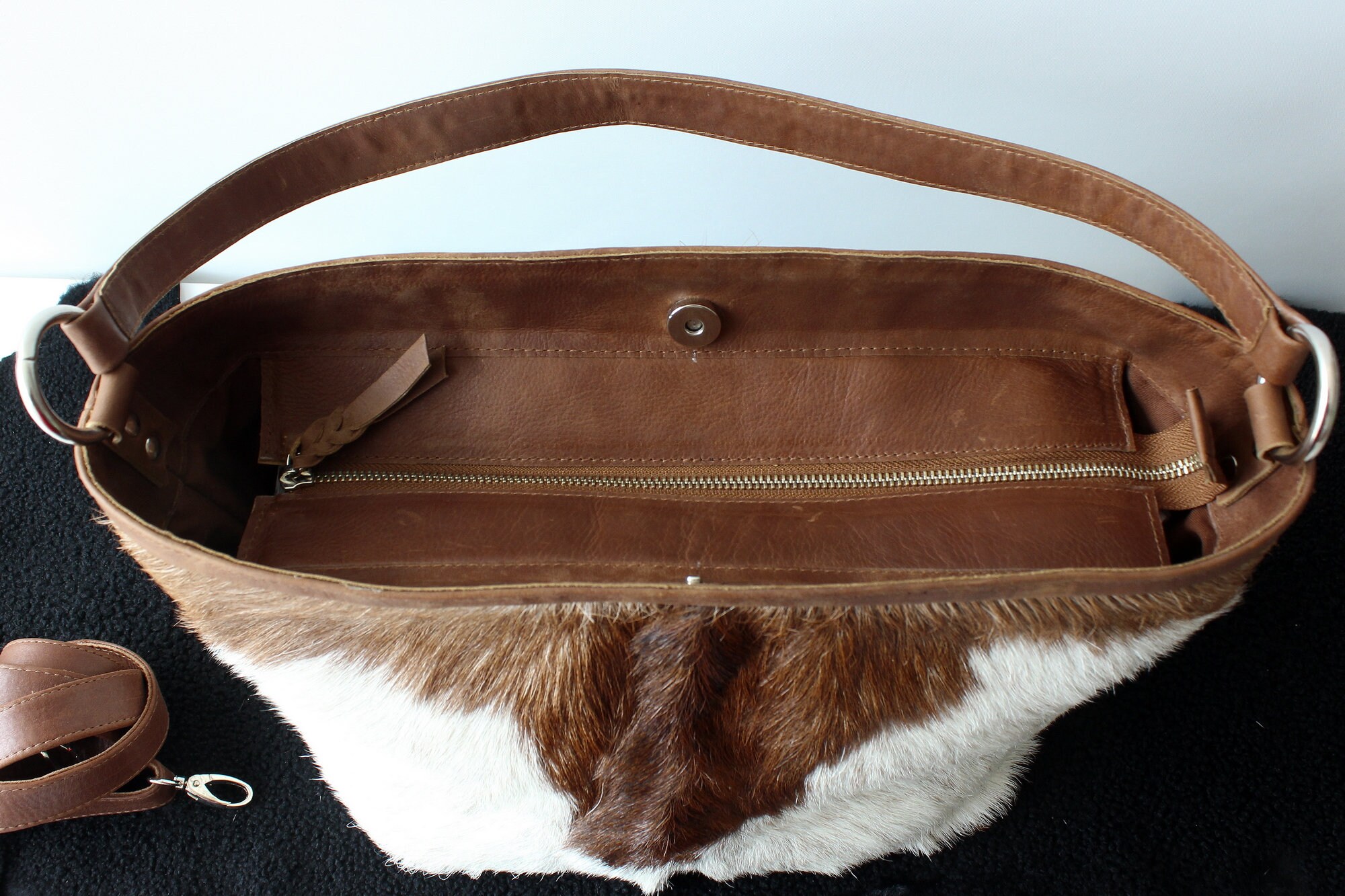 Borsa Tote Western In Vera Pelle Di Mucca Con Peluria - Stile Cowgirl - Grande