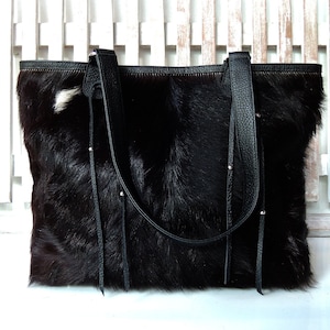 BLACK COWHIDE BAG with Turqouise  Drill  Shoulder Bag Cowhide Western Tote Bag Cowhide Weekender Bag CowFur Bag Girlfriend Gift Summer Bag