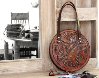 TRIBAL LEATHER BAG, Feather Bag, Round Bag, Circle Bag, Tooled Leather Purse Tan, Tooled Leather HandBag, Painted Leather, Market Bag.