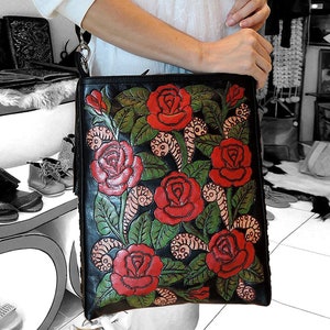 ROSE BAG LEATHER, Tooled Leather Purse Red Roses. Shoulder Bag, Festival Bag Leather w/ HandMade Weave Detail on Side & Tassel. Boho Chic.