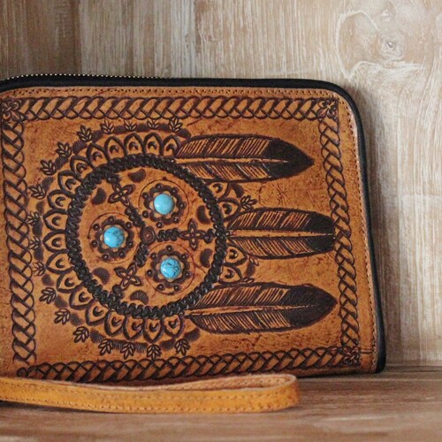 TRIBAL HANDTOOLED LEATHER Wallet Women's Clutch Hand Carved Billfold Wallet with Turquoise Stone shops Multiple Card Slots Wallet Zipper
