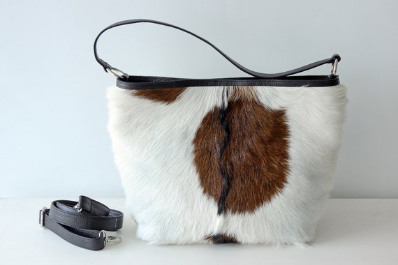 Custom Hand-Tooled Leather Crossbody Bag with Hair-On Hide - Brown/White SALE Tooled Crossbody, Large Cowhide, Genuine Leather  main image 2