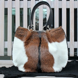 Braune Rindsledertaschen Elegante Ledertasche Rindsleder ToteBag Braun Weiß Pelz Geldbörsen kleine Tote Pony Haartasche CrossBody Kuhfell Tasche