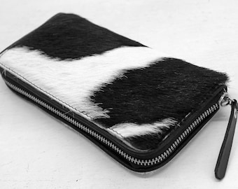 Black and White Cowhide Wallet, Calf Hair Purse, Lamb Leather Lined