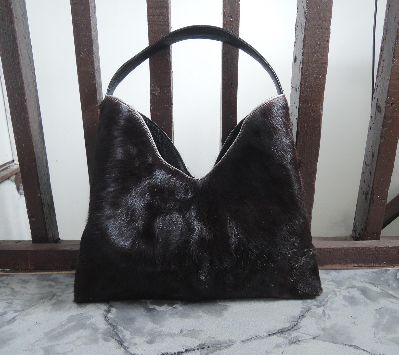 FUR ON LEATHER Shoulder Bag Cow Hide Western Leather Bag Black
