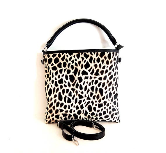 GIRAFFE BLACK WHITE Tote Bag Calf Hair / Womens HandBag Top Handle,Cow Hide w/ Black Cow Leather Back & Long Detachable Straps. Gift for mom