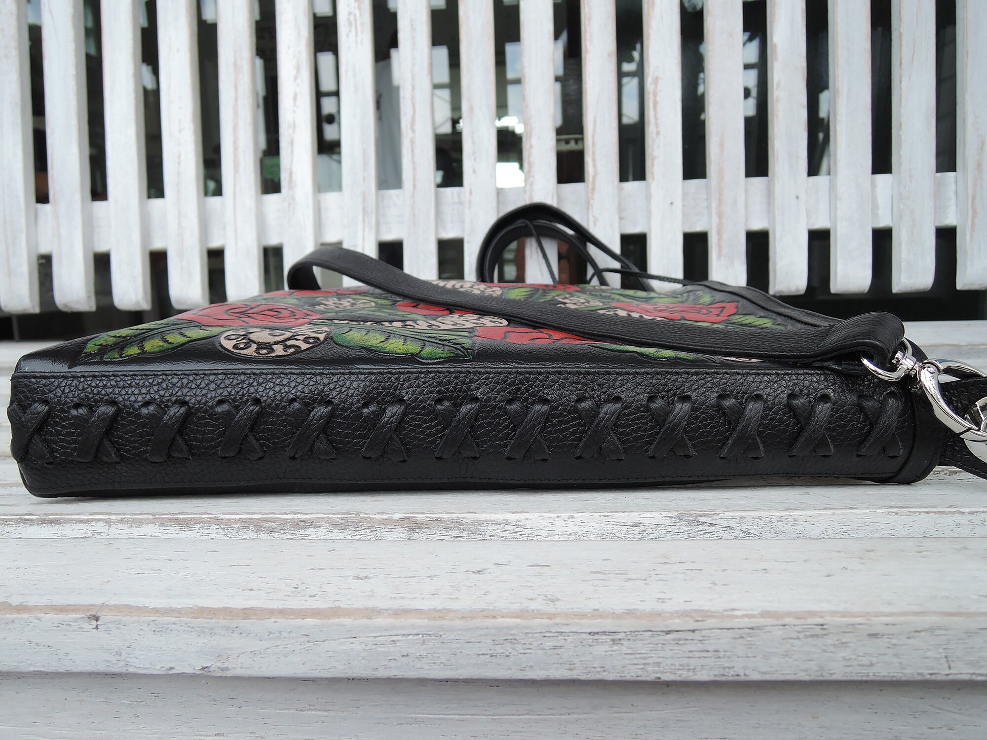 ROSE BAG LEATHER Tooled Leather Purse Red Roses Shoulder Bag