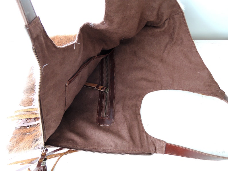 BROWN WHITE TOTE With Woven Leather Tassels Calf Hair Bag With Etsy
