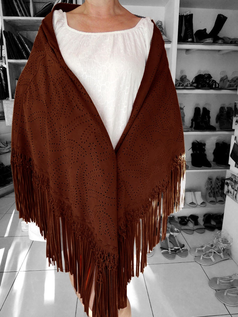 COWBOY BROWN LEATHER Shawl w/ HandTooled Autumn Fall Leaf image 0