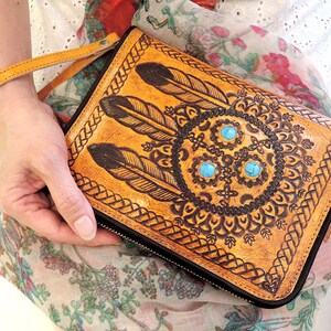 TRIBAL HANDTOOLED LEATHER Wallet   Women&#39;s Clutch   Hand Carved Billfold Wallet with Turquoise Stone  Multiple Card Slots  Wallet Zipper