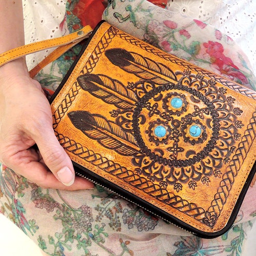 TRIBAL HANDTOOLED LEATHER Wallet Women's Clutch Hand Carved Billfold Wallet with Turquoise Stone shops Multiple Card Slots Wallet Zipper