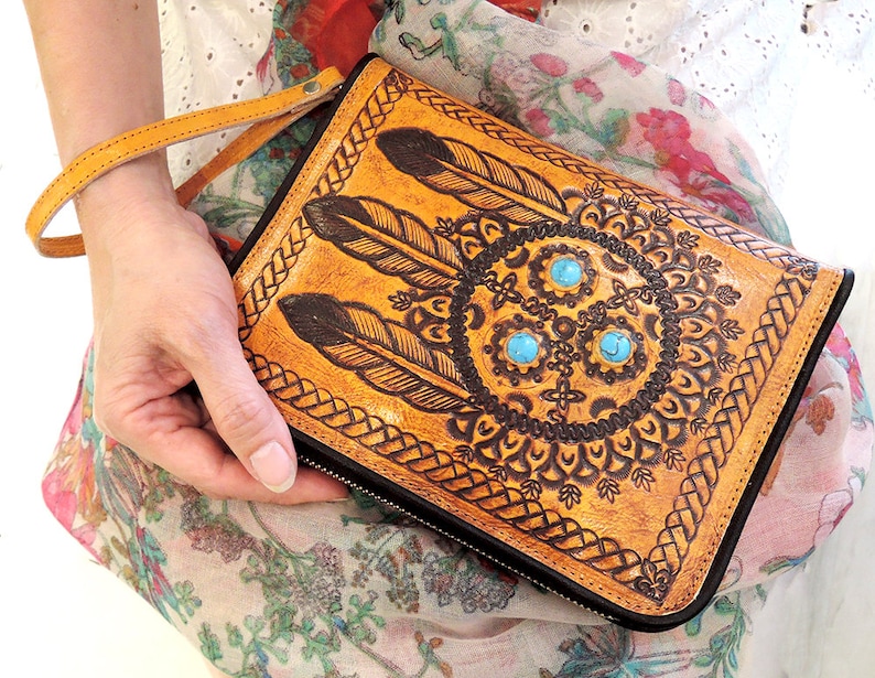 TRIBAL HANDTOOLED LEATHER Wallet / Women's Clutch / Hand image 0