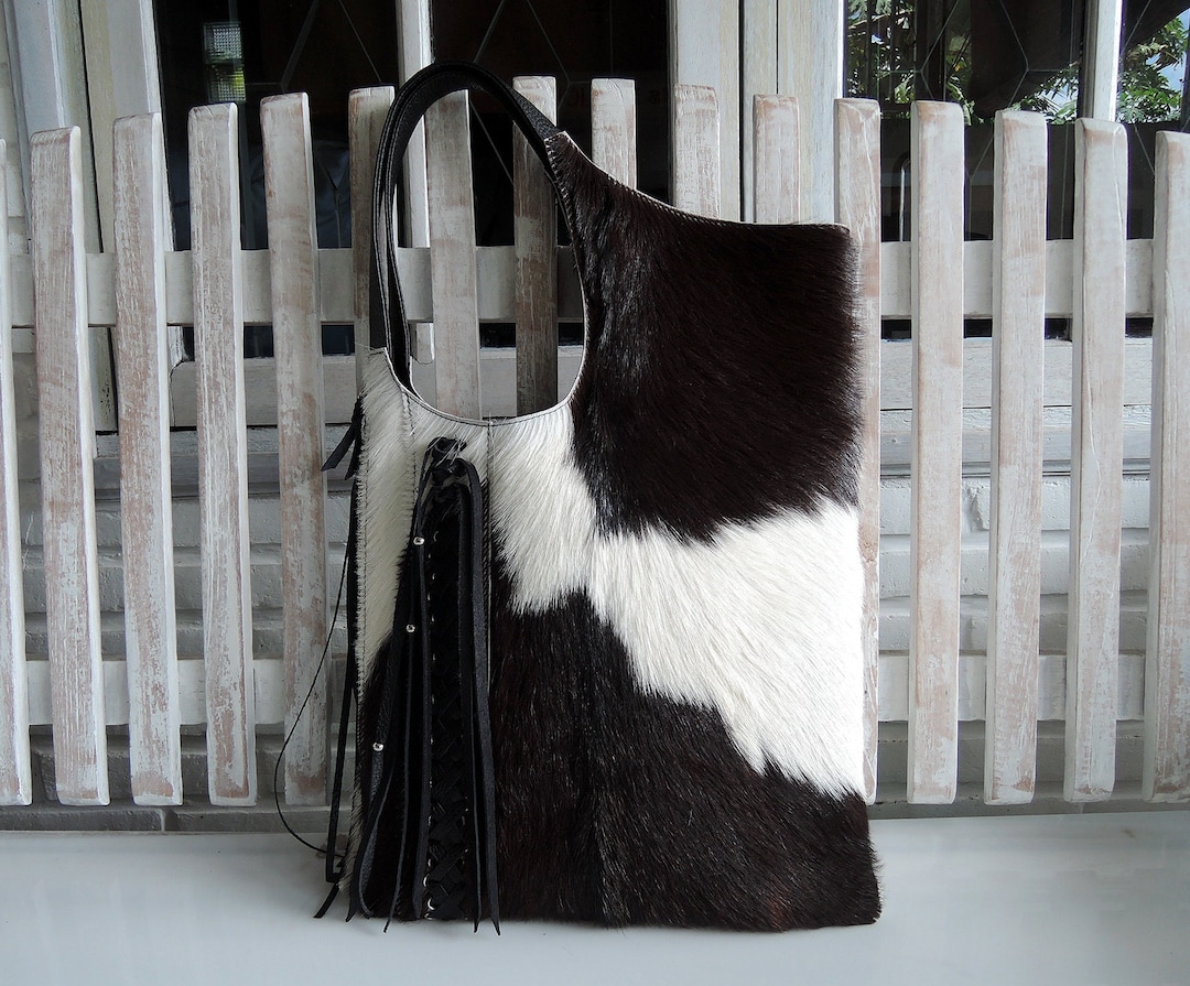 BLACK WHITE Tote With Woven Leather Tassels Calf Hair Bag With Etsy