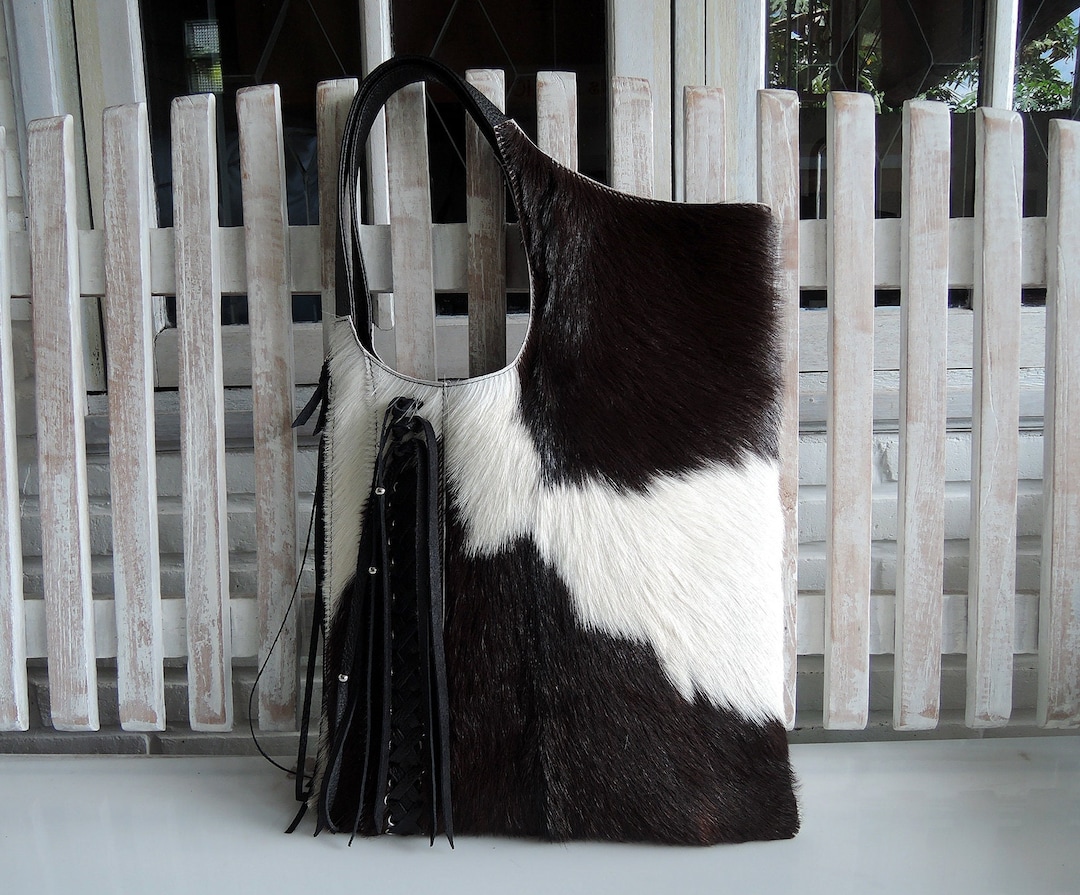 BLACK WHITE Tote With Woven Leather Tassels Calf Hair Bag With - Etsy